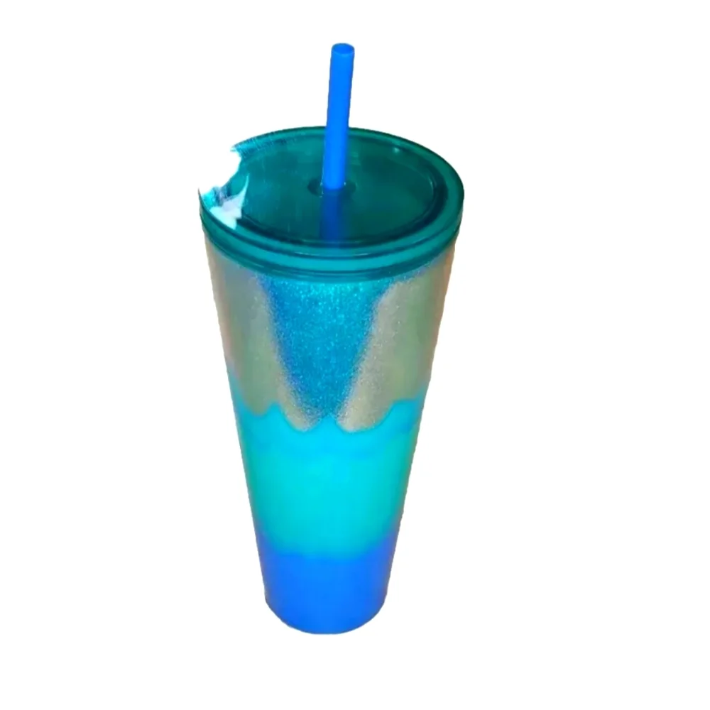 Starbucks Cold Cup Tumbler Straw Lid Silver Glitter Blue Ombre 2022 24 Oz NWT